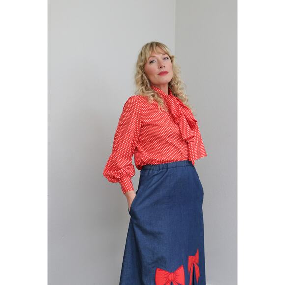 1980's Vintage Flo-Ree's Denim & Bow Skirt ~ Women's XXS XS SM 23" to 27" Waist - Picture 6 of 10